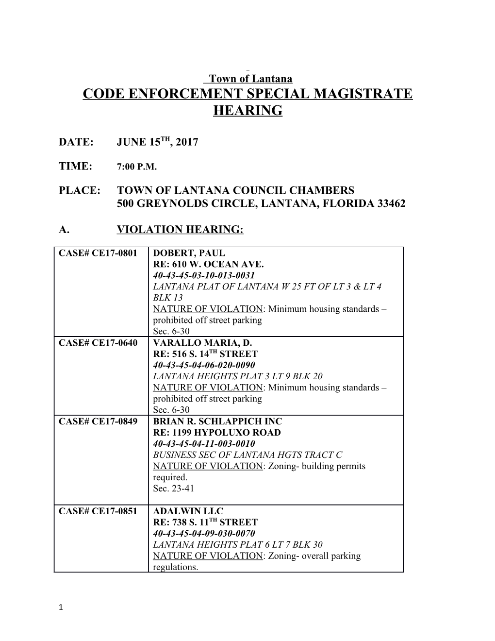 Code Enforcement Special Magistrate Hearing