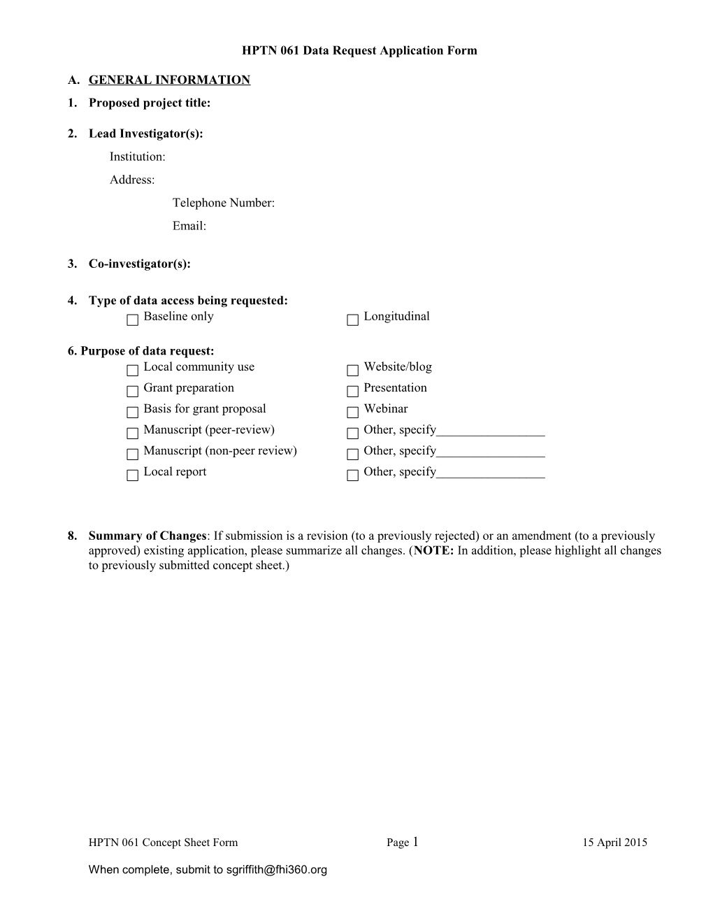 HPTN 061 Data Request Application Form