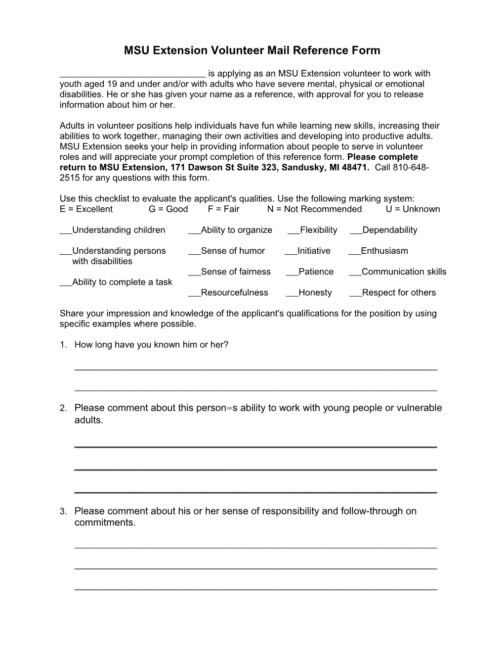 Msu Extension Volunteer Mail Reference Form