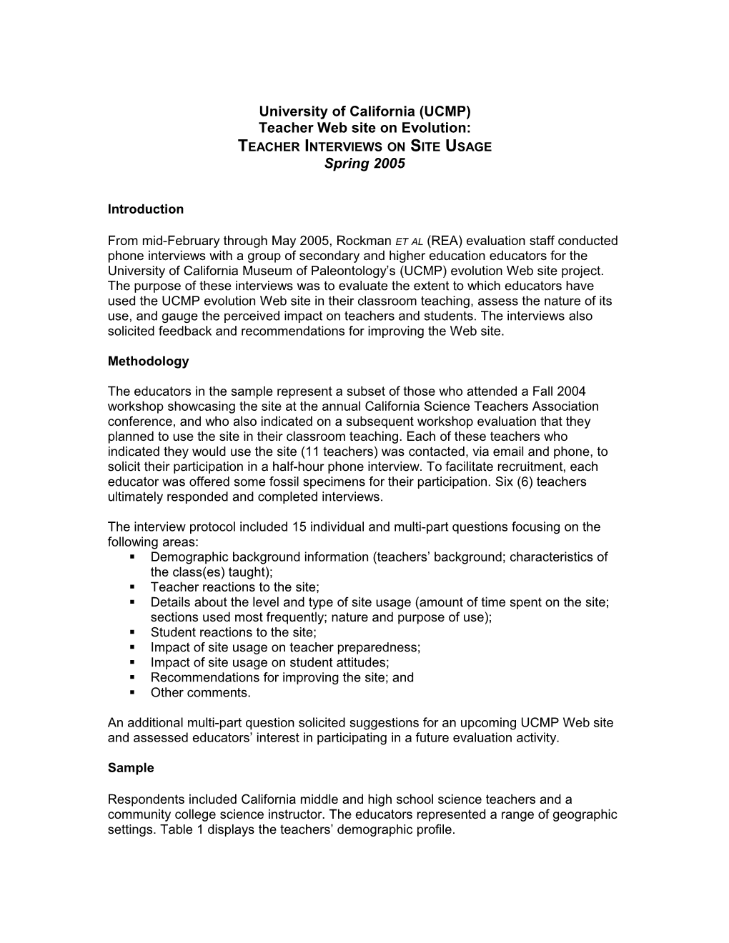 UCMP Teacher Web Site on Evolution Evaluation of Teacher Usejuly 1, 2005