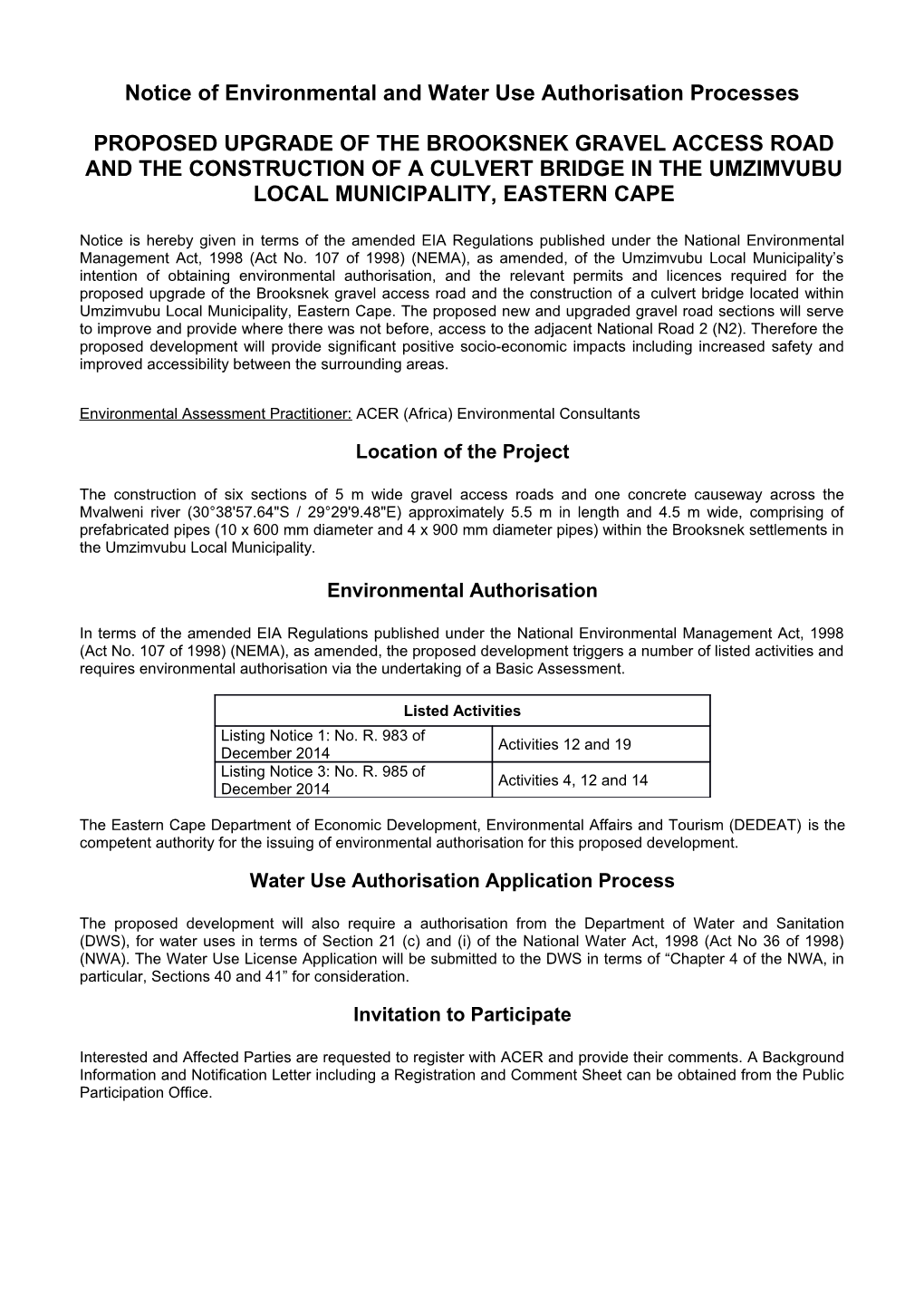 Notice of Environmental and Water Use Authorisationprocesses