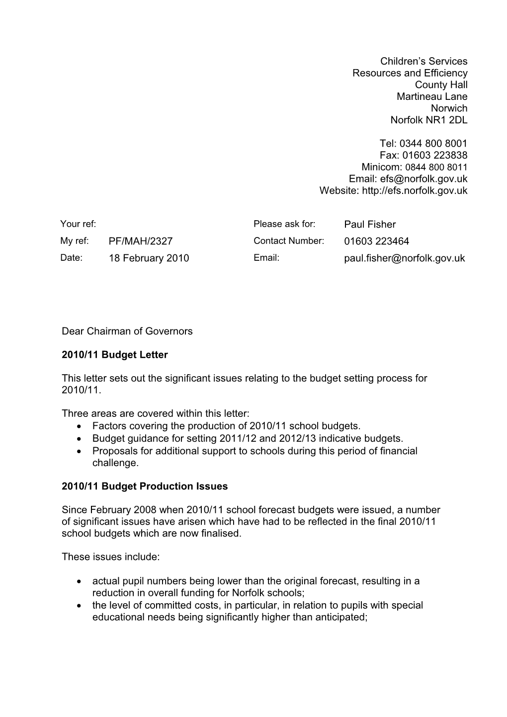 2010/11 Budget Letter