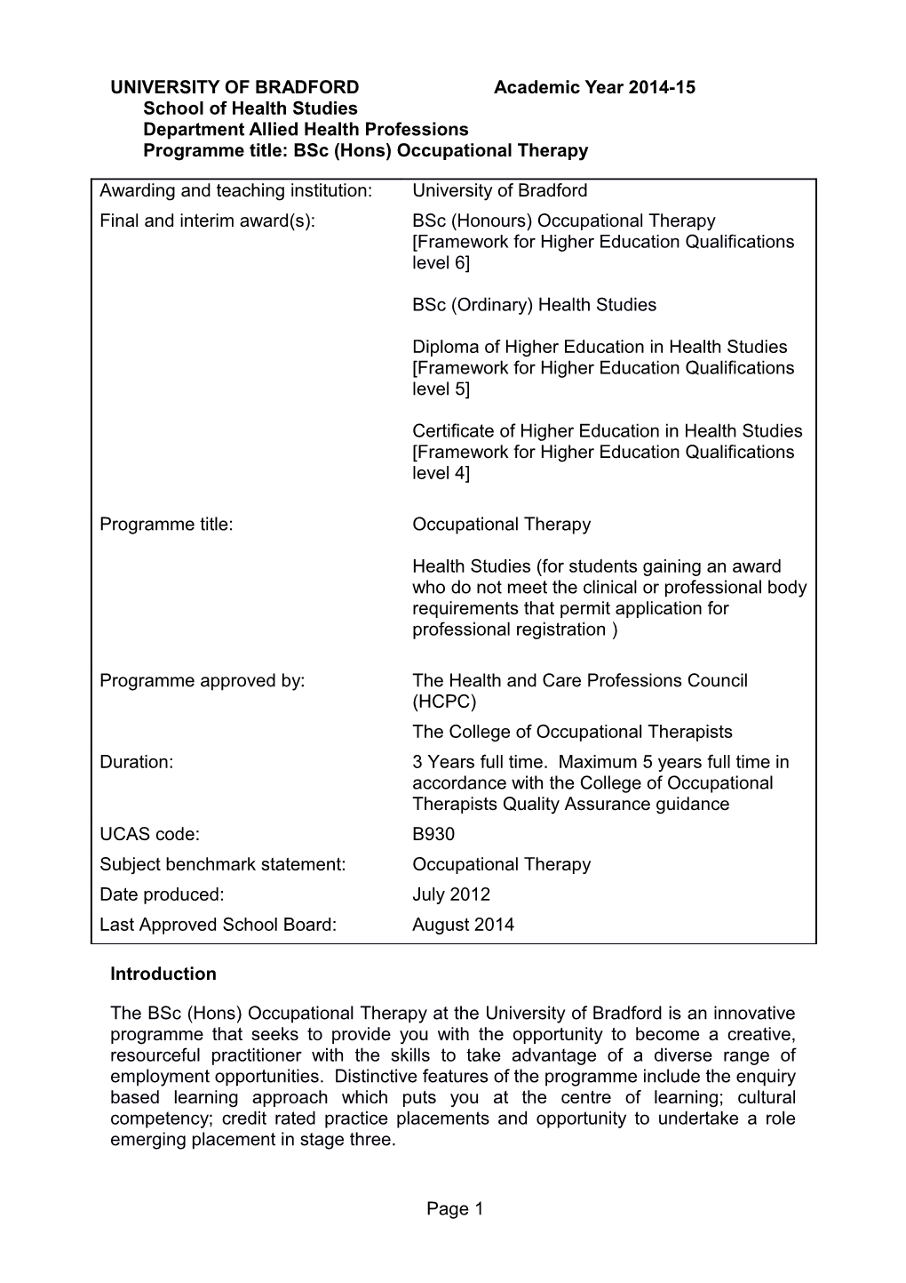 UNIVERSITY of BRADFORD Academic Year 2014-15School of Health Studiesdepartment Allied Health