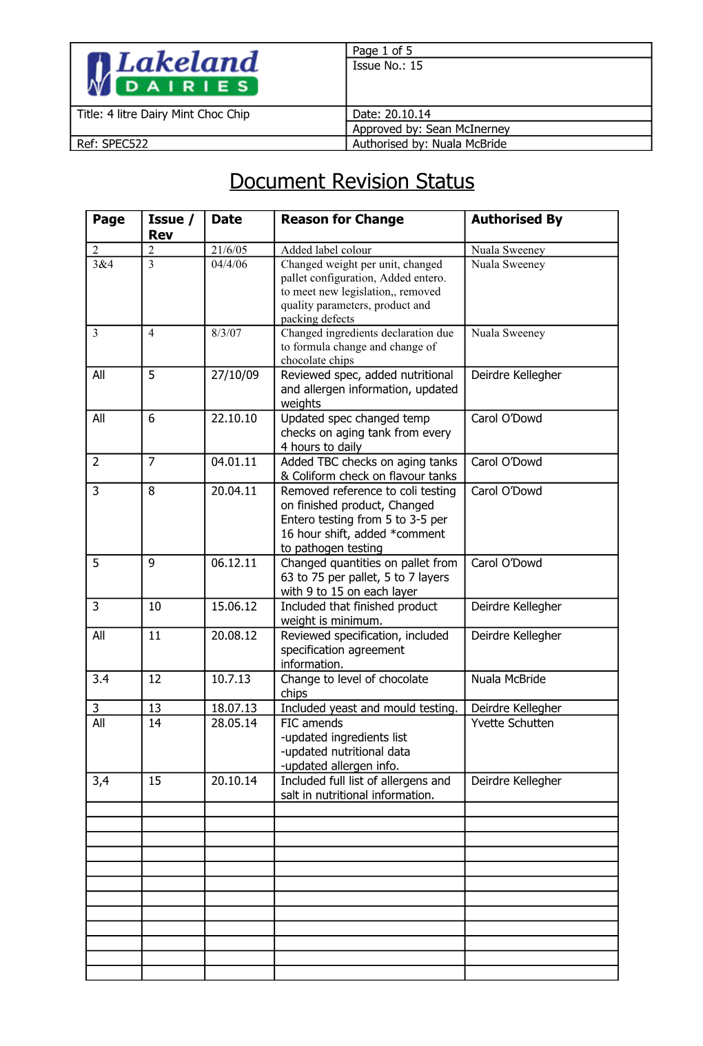 Lakeland Dairies Product Specification