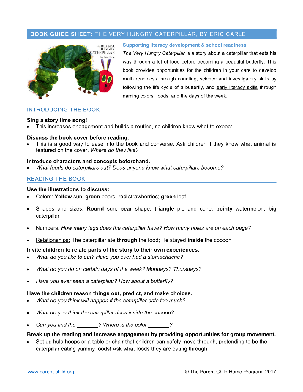 BOOK GUIDE Sheet:The Very Hungry Caterpillar, by Eric Carle