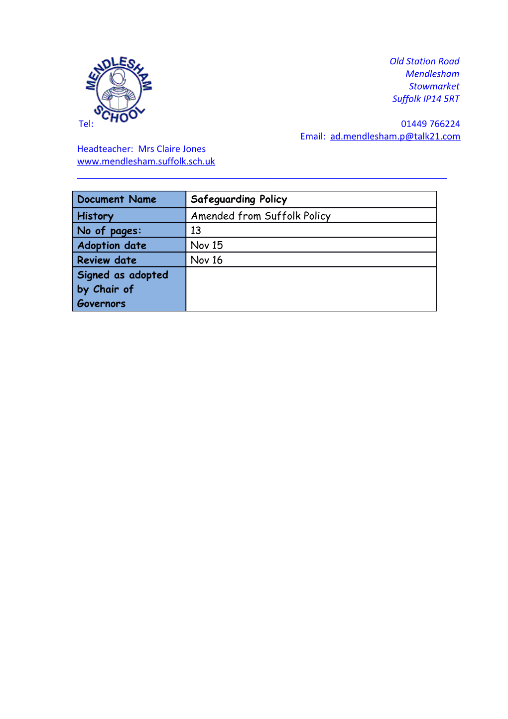 Whole School Safeguarding Policy Framework and Model Policy