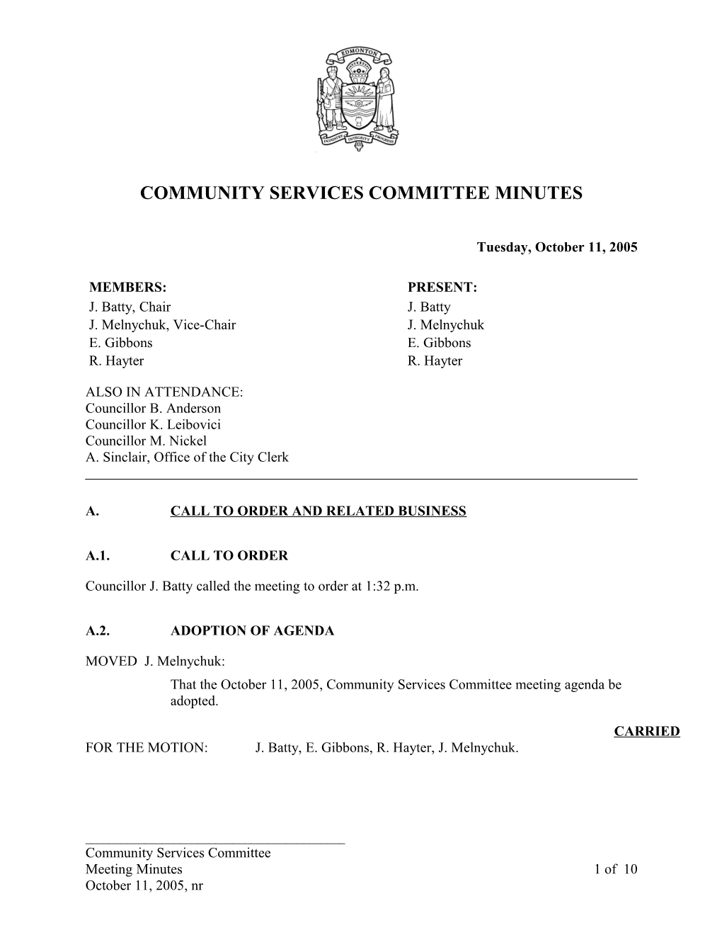 Minutes for Community Services Committee October 11, 2005 Meeting