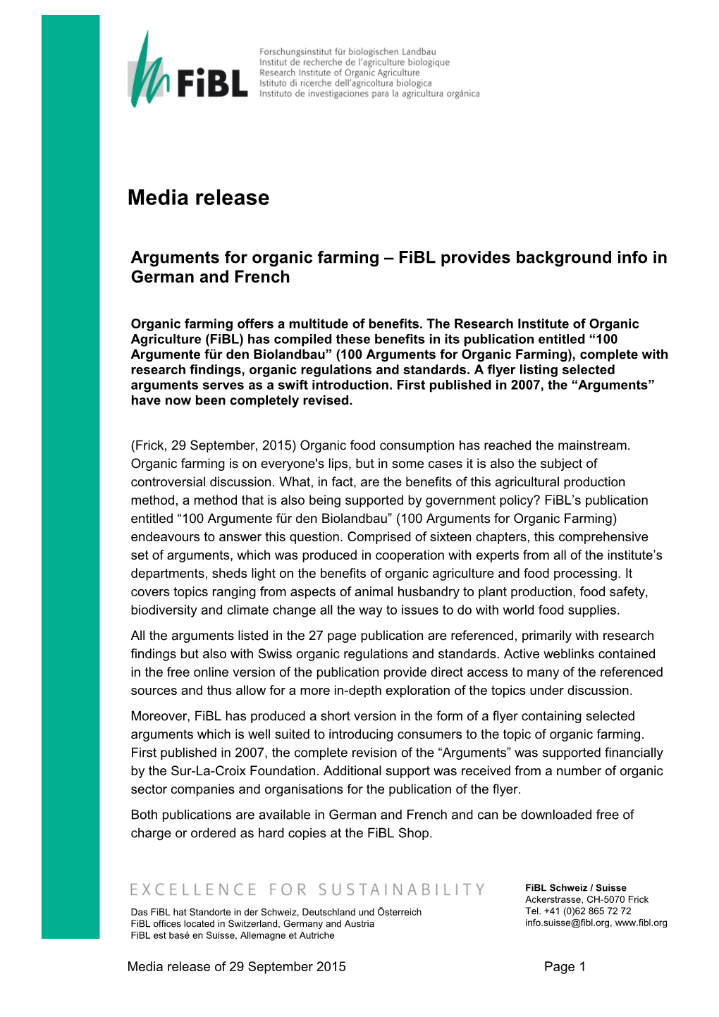 Arguments for Organic Farming Fibl Provides Background Info in German and French - Media Release