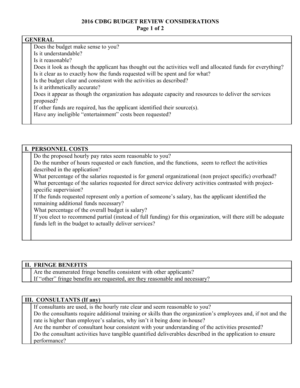 2016 Cdbg Budget Review Considerations