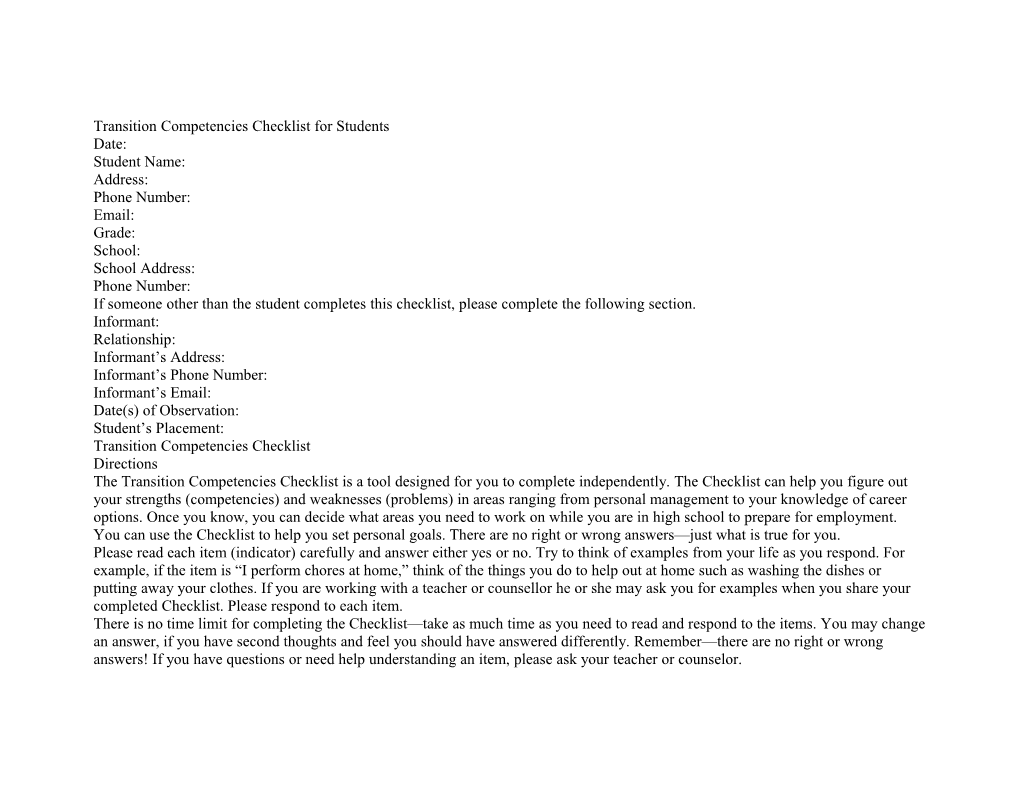 Transition Competencies Checklist for Students