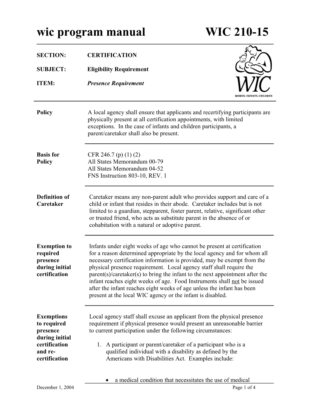 Wic Program Manual	WIC 210-15