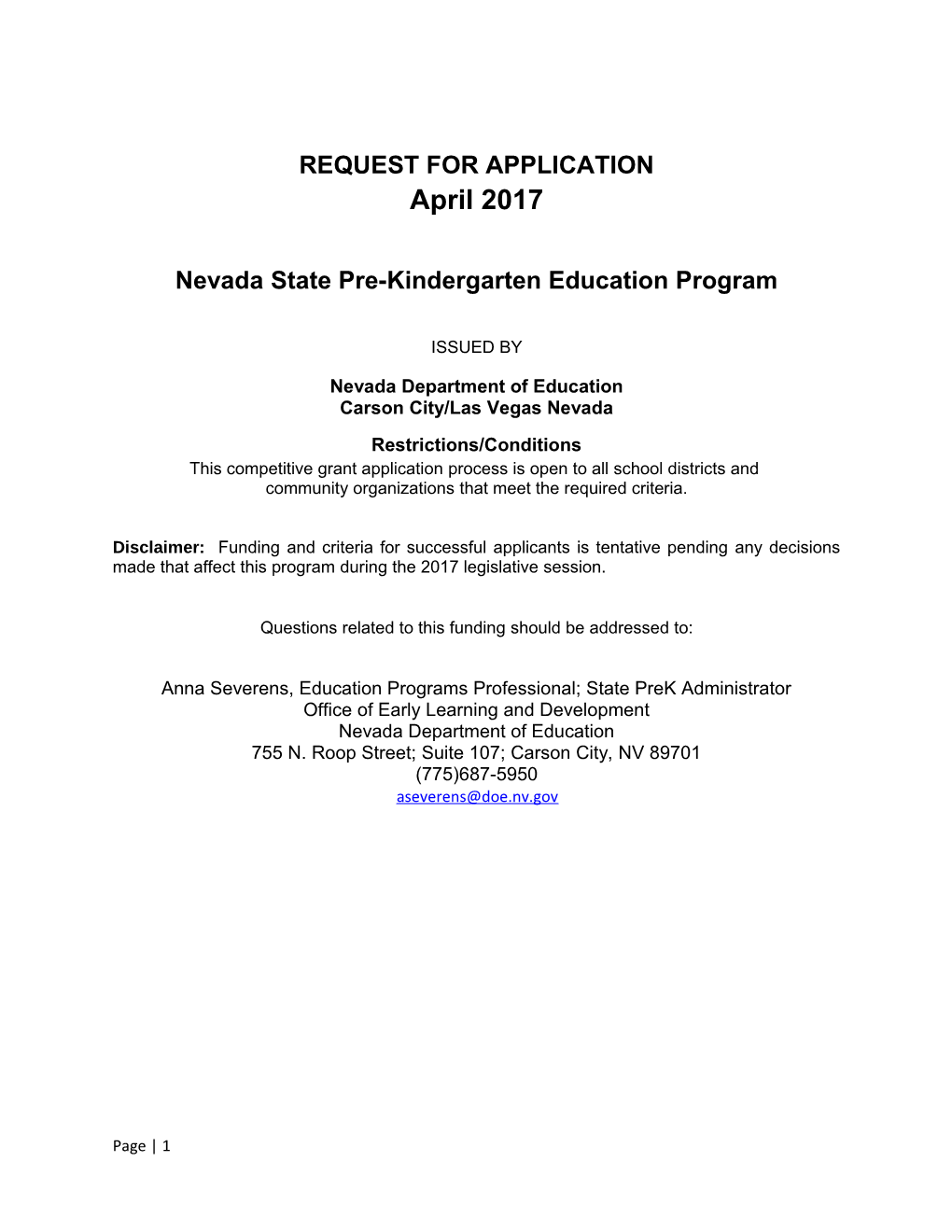 Nevada State Pre-Kindergarten Education Program