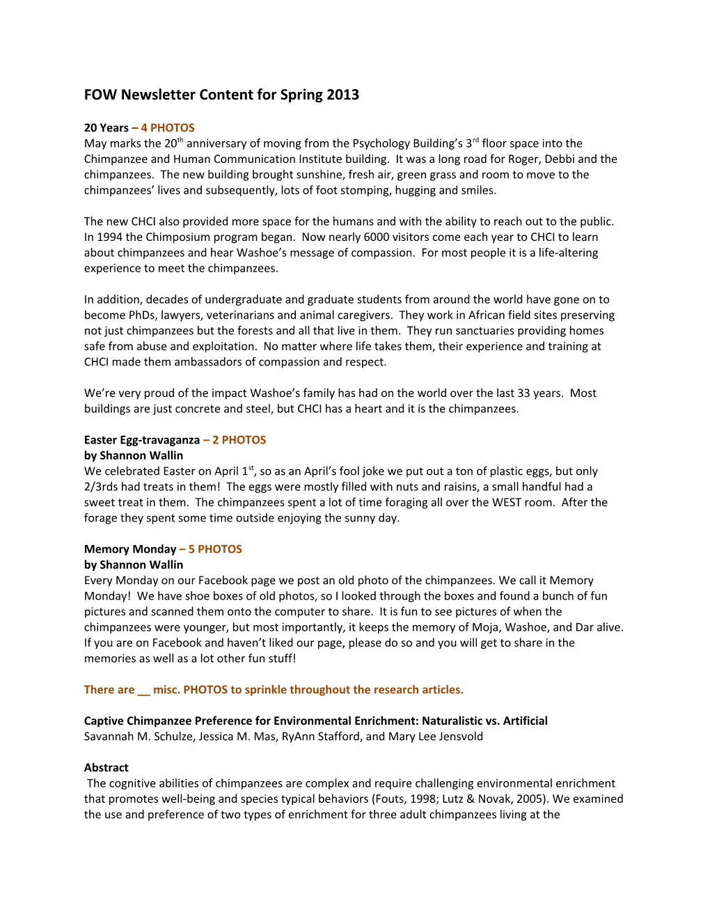 FOW Newsletter Content for Spring 2013