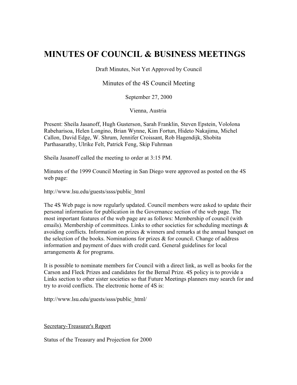 Minutes of Council & Business Meetings