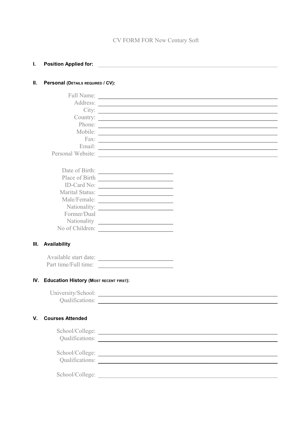 CV FORM for New Century Soft