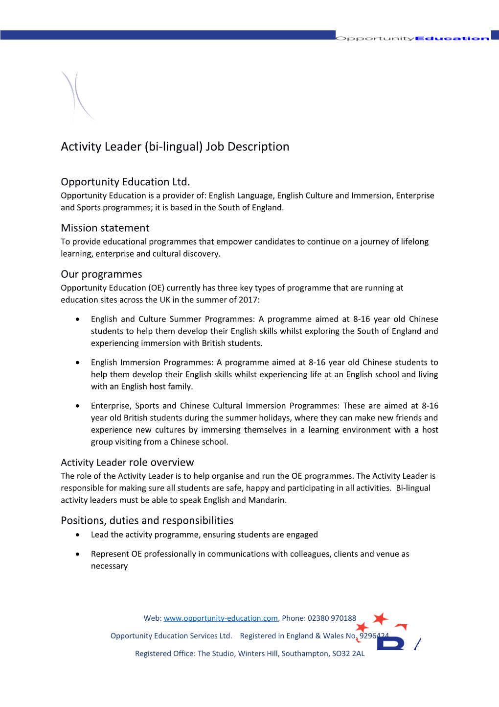 Activity Leader (Bi-Lingual) Job Description