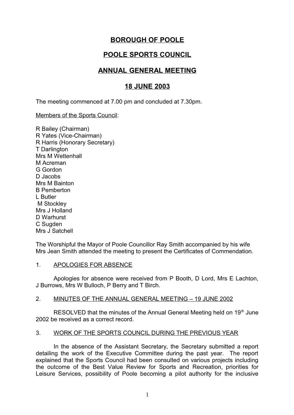 Minutes - Poole Sports Council Annual General Meeting - 16 June 2003