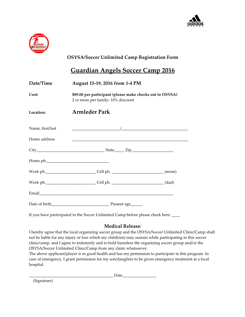 Soccer Unlimited Camp Registration Form
