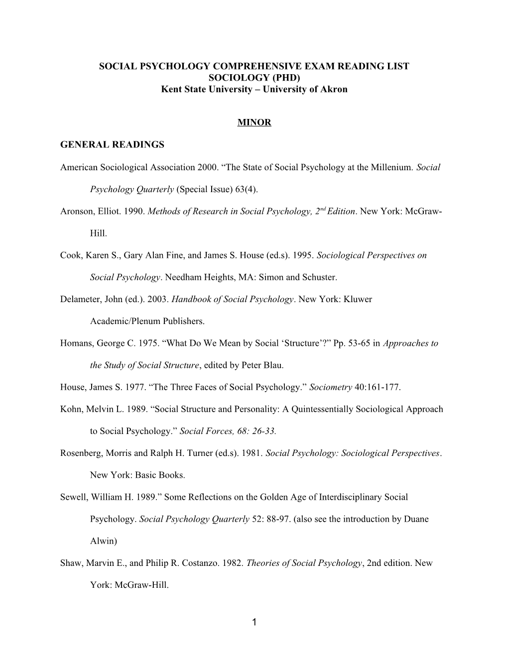 Social Psychology Comprehensive Exam Reading List