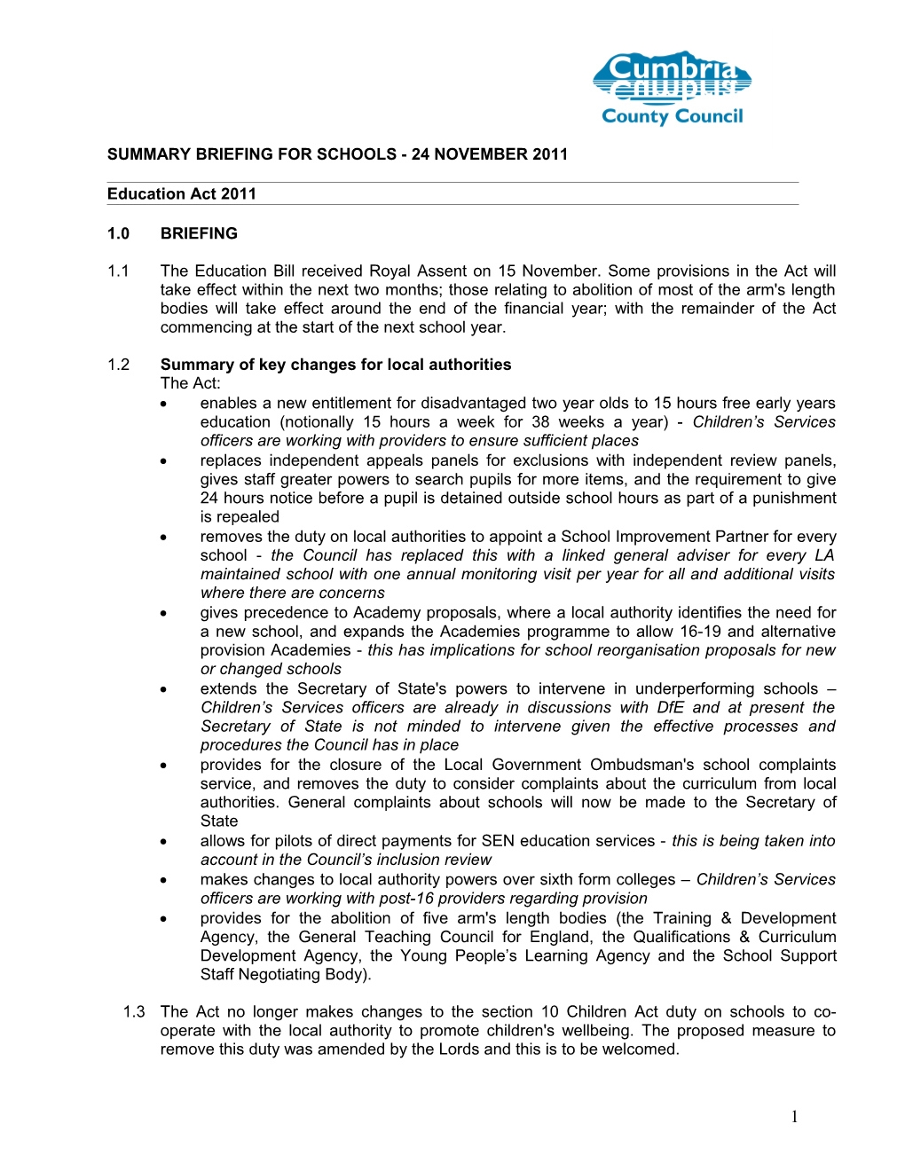 Summary Briefing for Schools - Education Act 2011