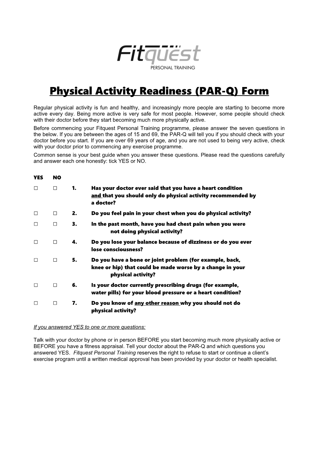 Physical Activity Readiness (PAR-Q) Form