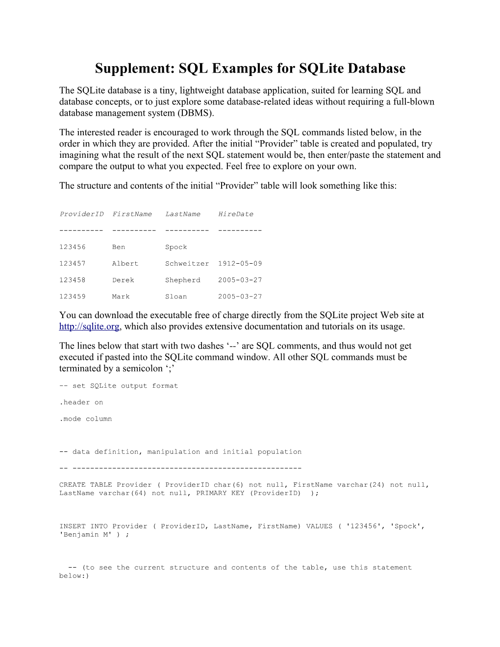 Supplement: SQL Examples for Sqlite Database