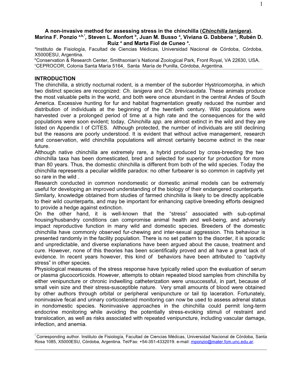 A Non-Invasive Method for Assessing Stress in the Chinchilla (Chinchilla Lanigera)