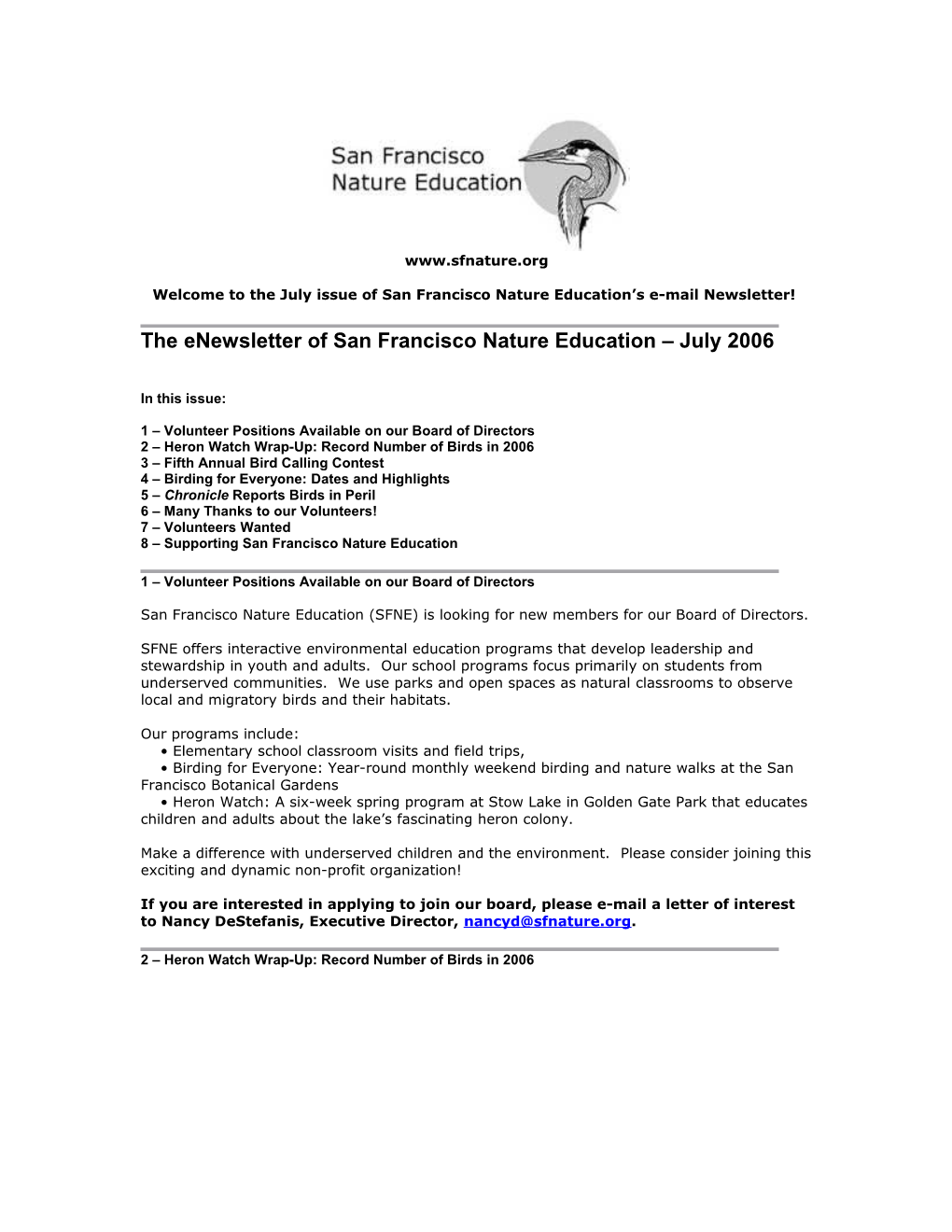 The Enewsletter of San Francisco Nature Education July 2006