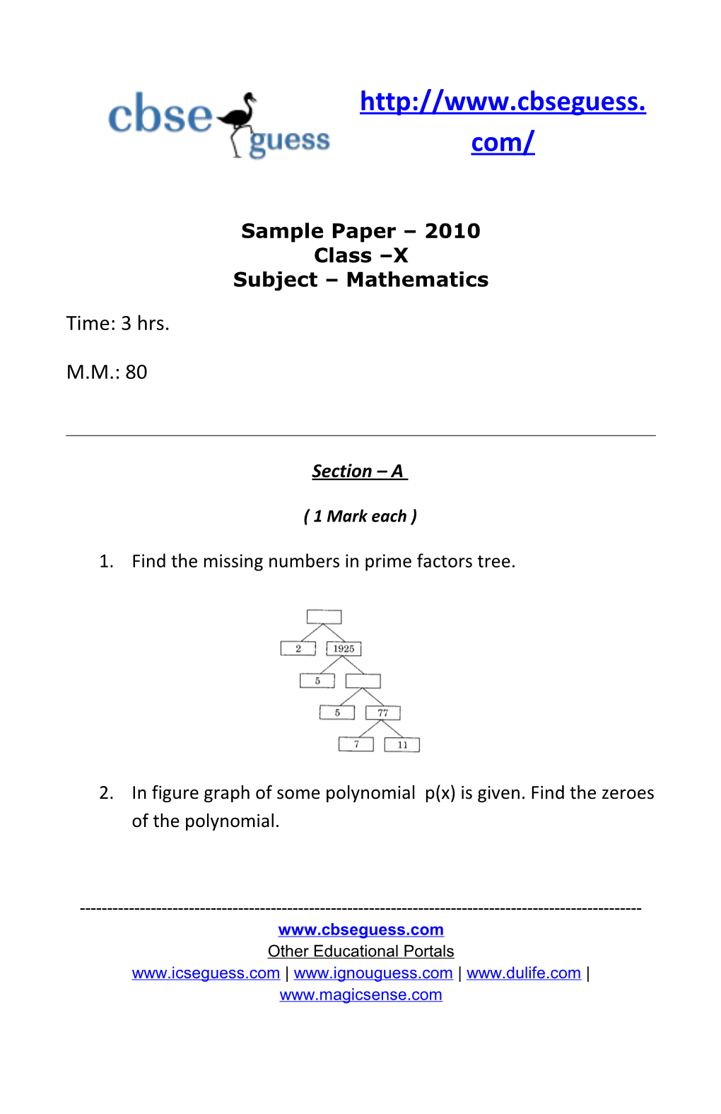 Sample Paper 2010 Class X Subject Mathematics
