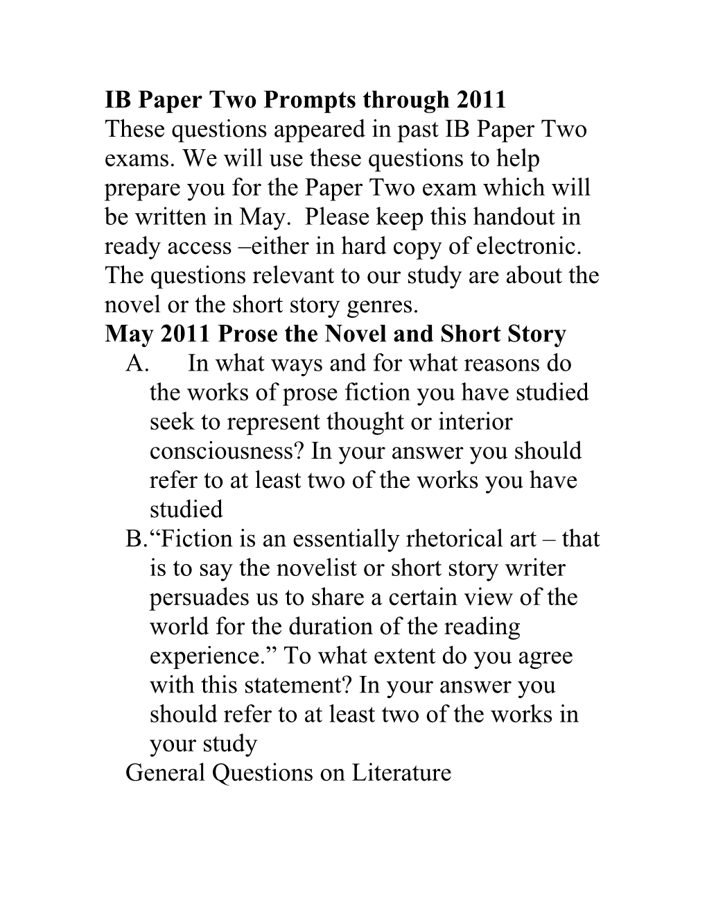IB Literary Essay Prompts for Paper Two