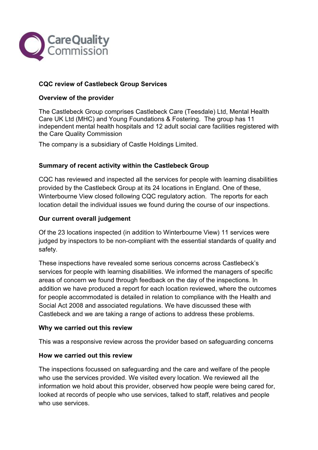 CQC Review of Castlebeck Group Services