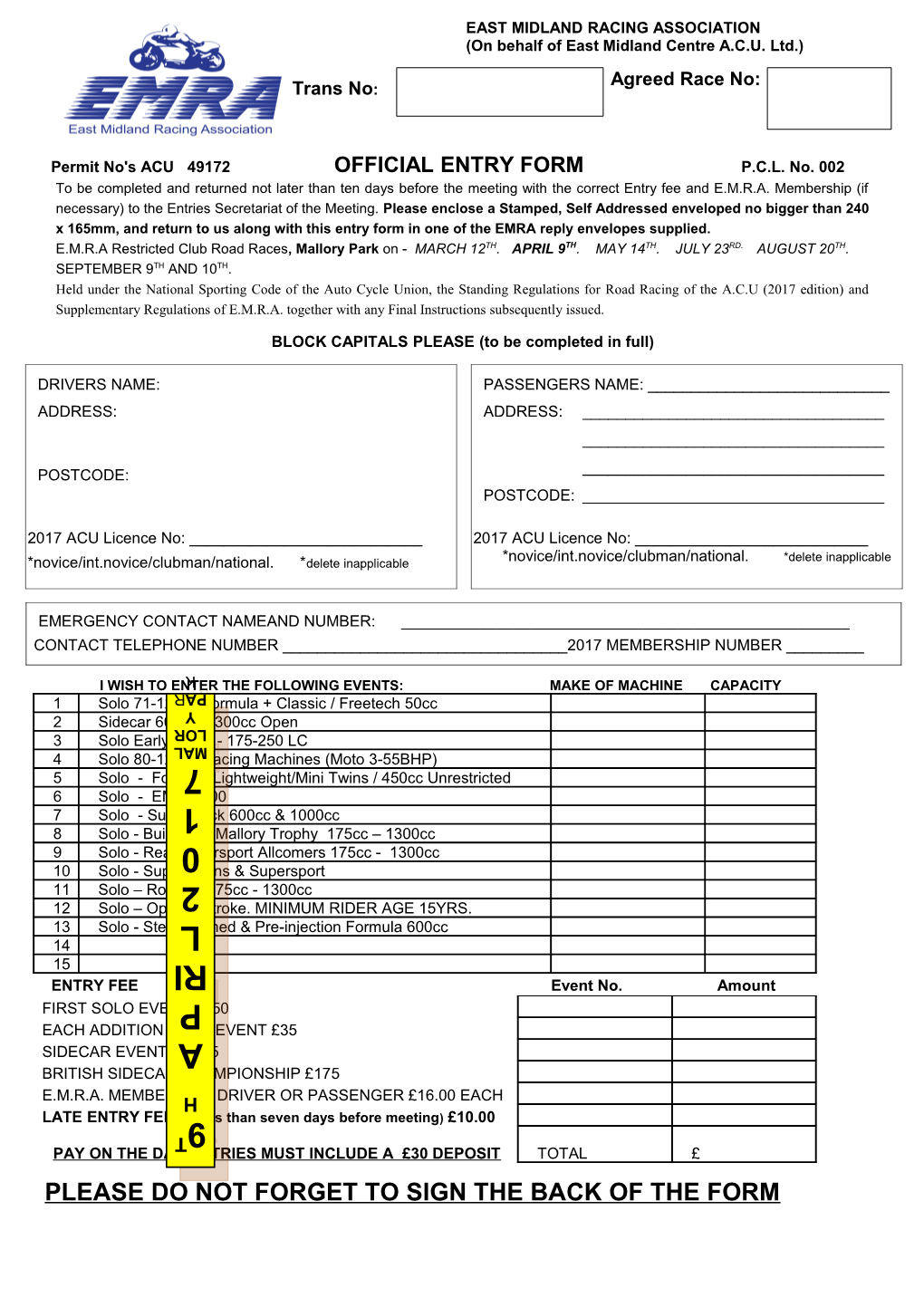 Permit No's ACU 49172 OFFICIAL ENTRY FORM P.C.L. No. 002
