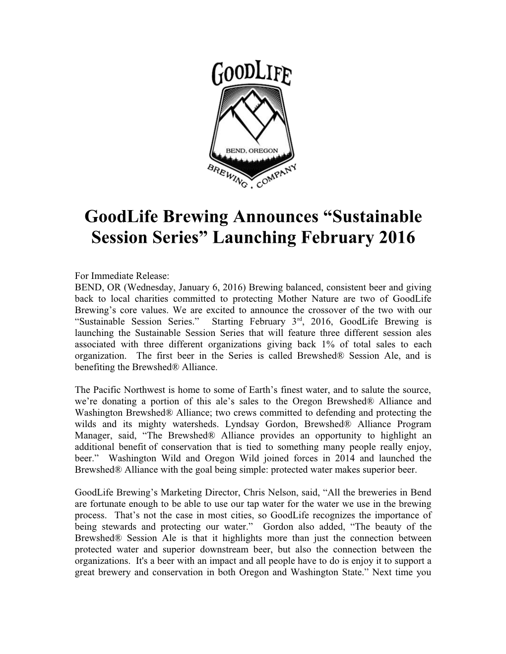 Goodlife Brewing Announces Sustainable Session Series Launching February 2016