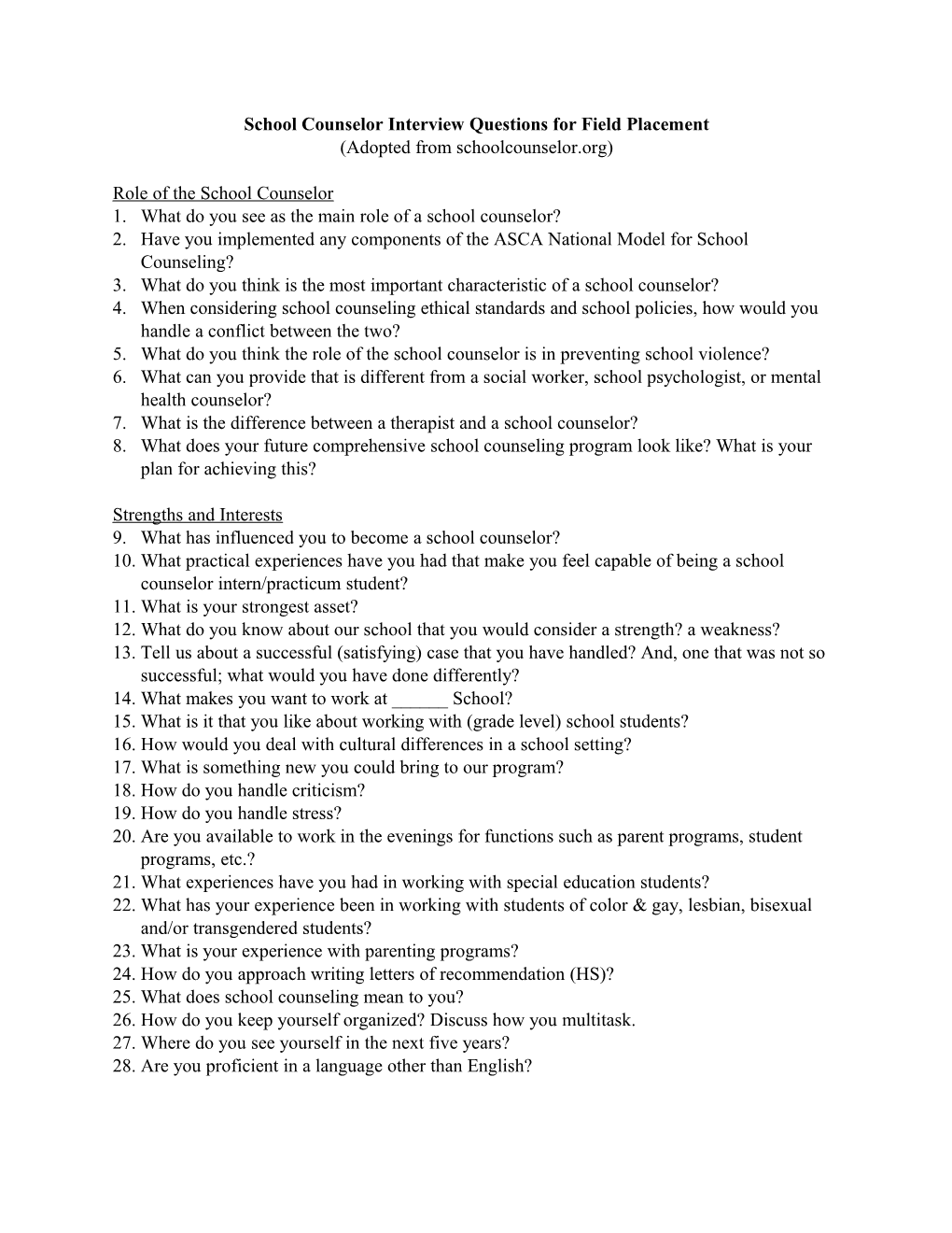 School Counselor Interview Questions for Field Placement