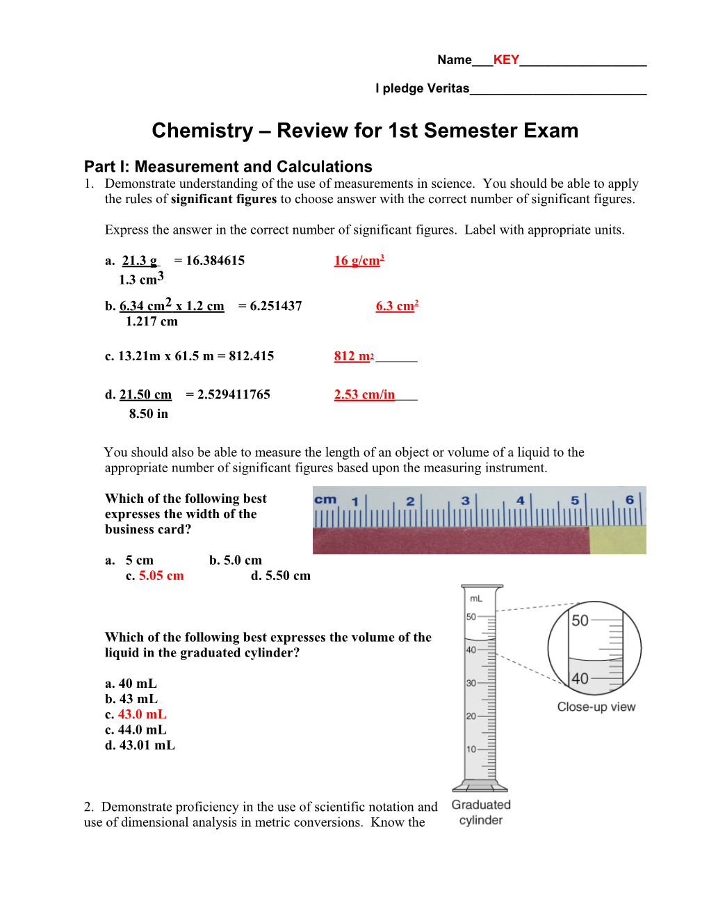 Chemistry Review for 1St Semester Exam