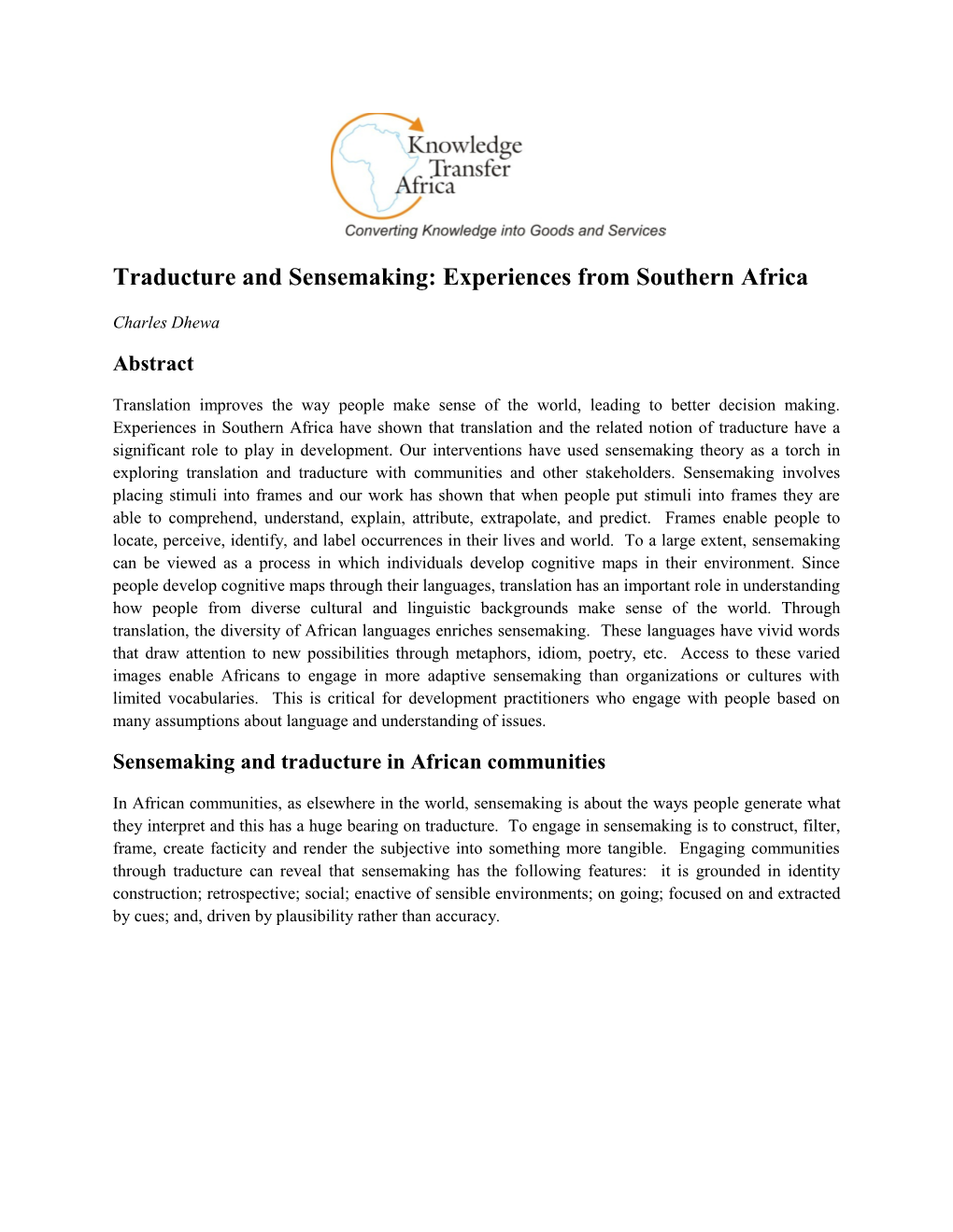 Traducture and Sensemaking: Experiences from Southern Africa
