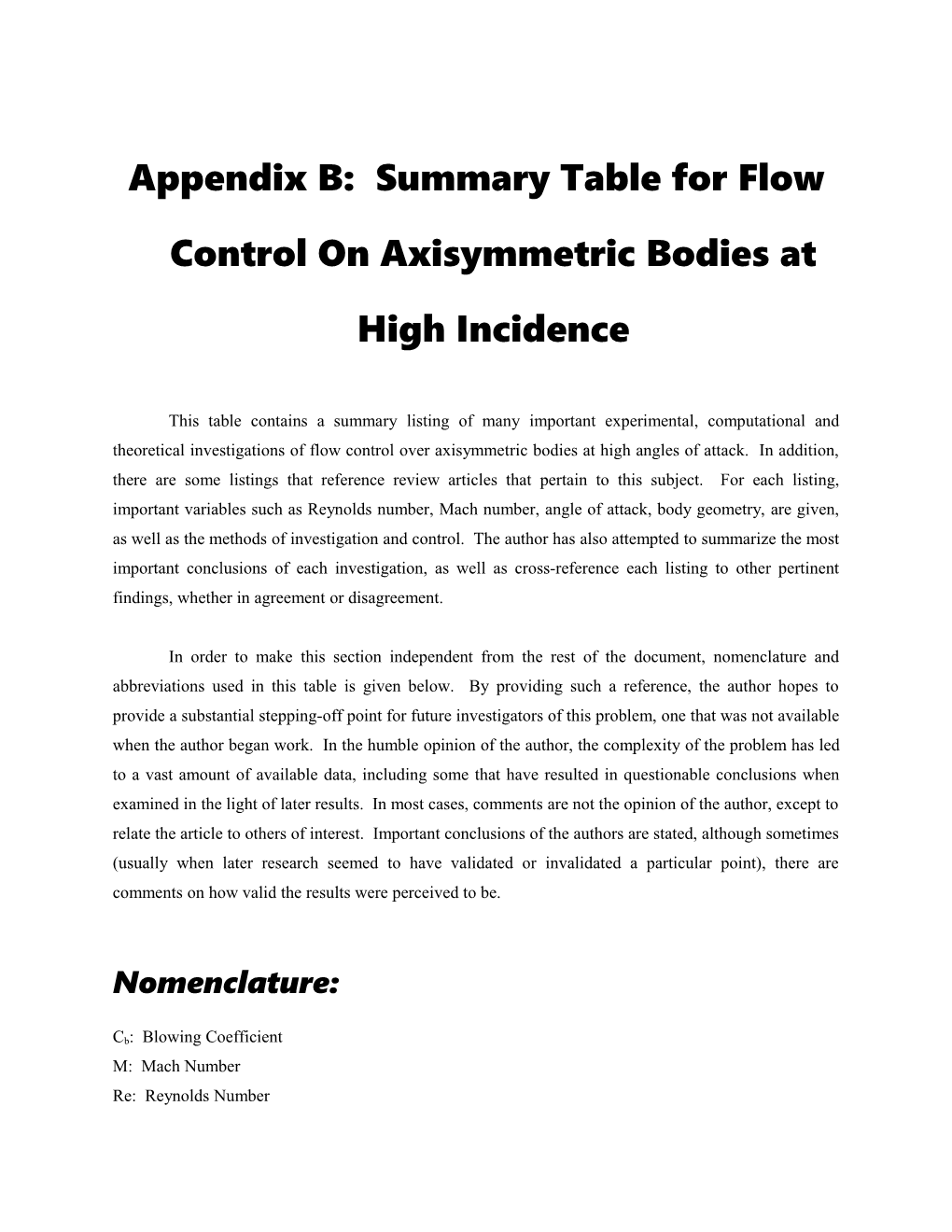 Appendix B: Summary Table for Flow Control on Axisymmetric Bodies at High Incidence