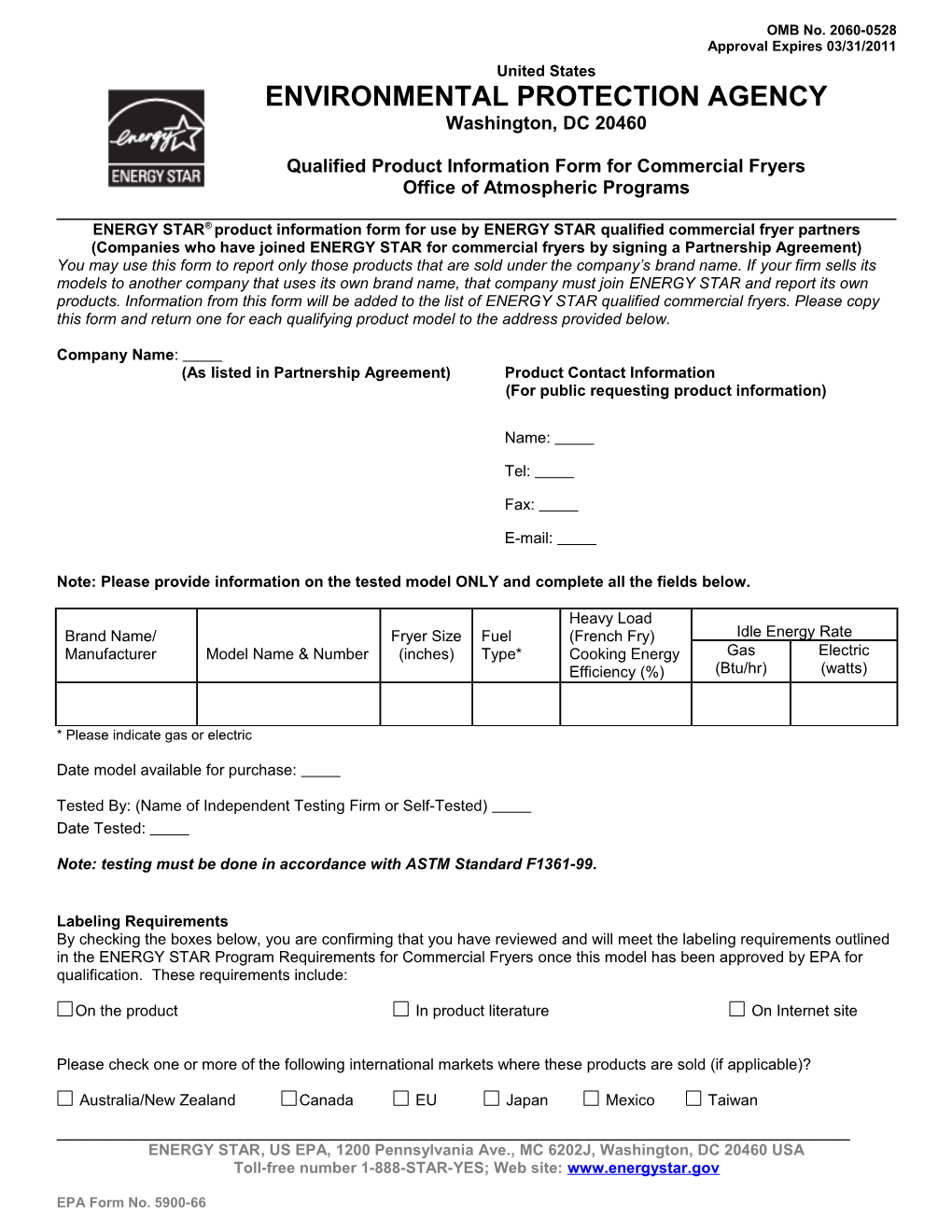 Qualified Product Information Form for Commercial Fryers