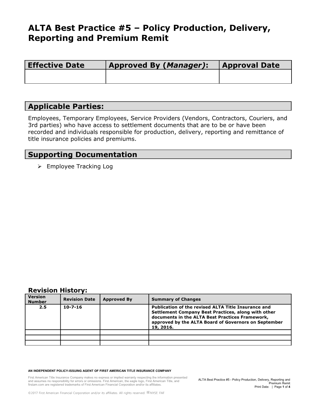 ALTA Best Practice #5 Policy Production, Delivery, Reporting and Premium Remit