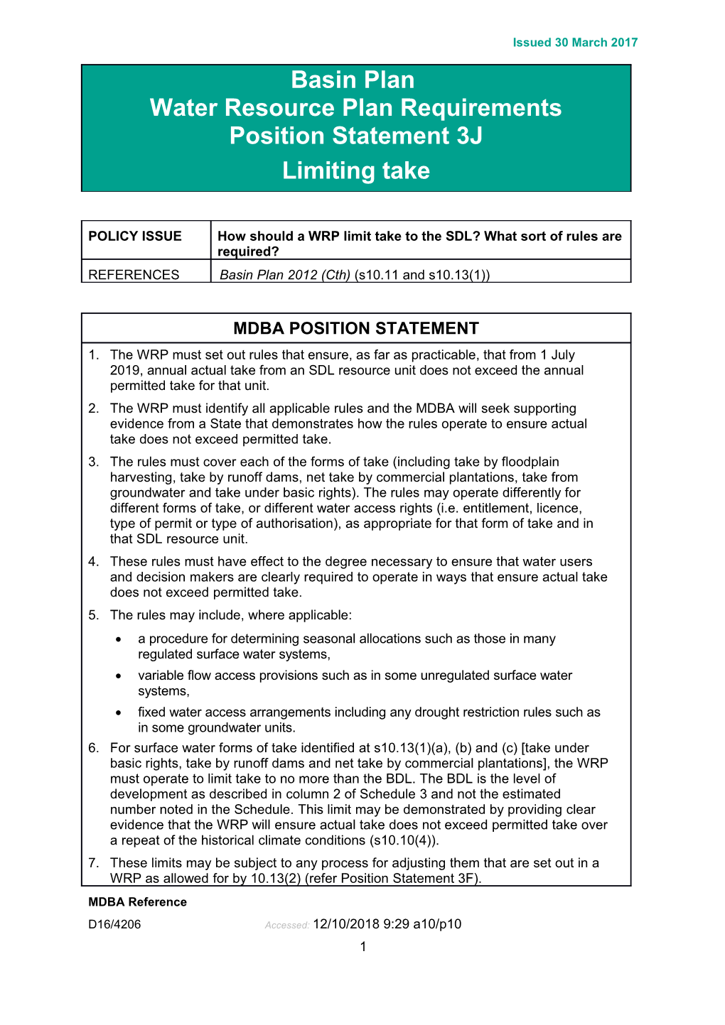 WRP Position Statement - 3J - Limiting Take