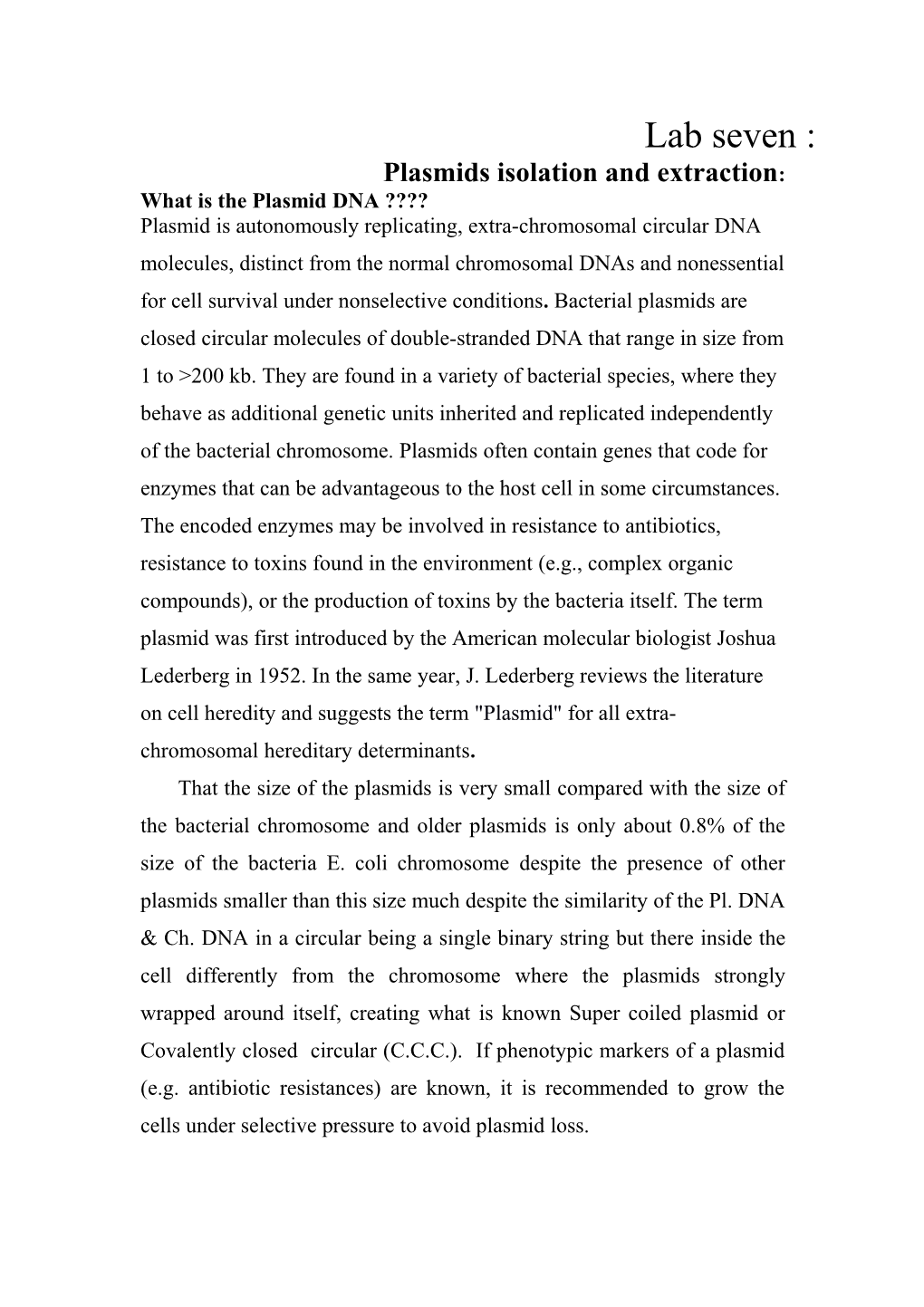 Plasmids Isolation and Extraction