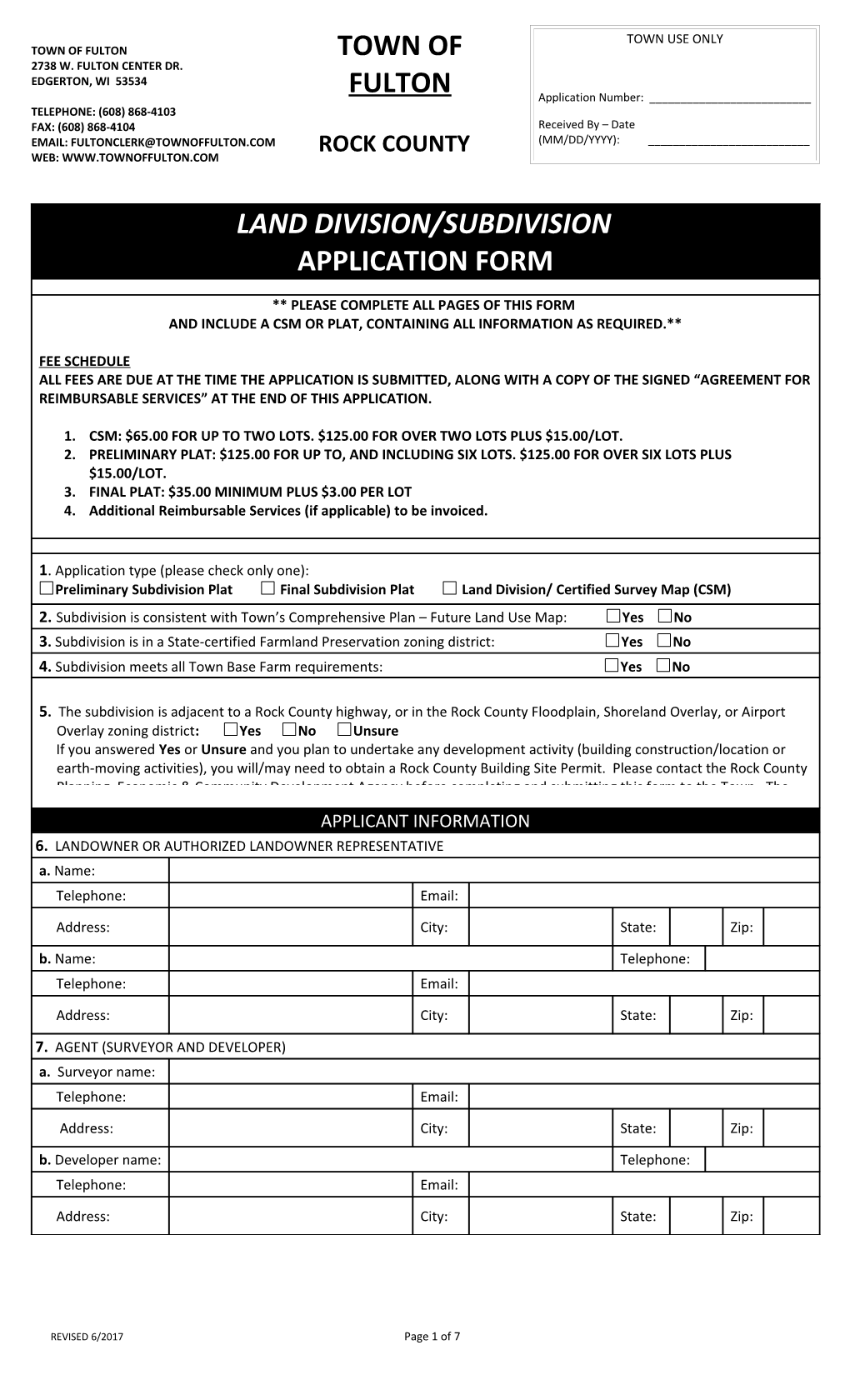 Town of Fulton Preliminary Land Divison Application Information