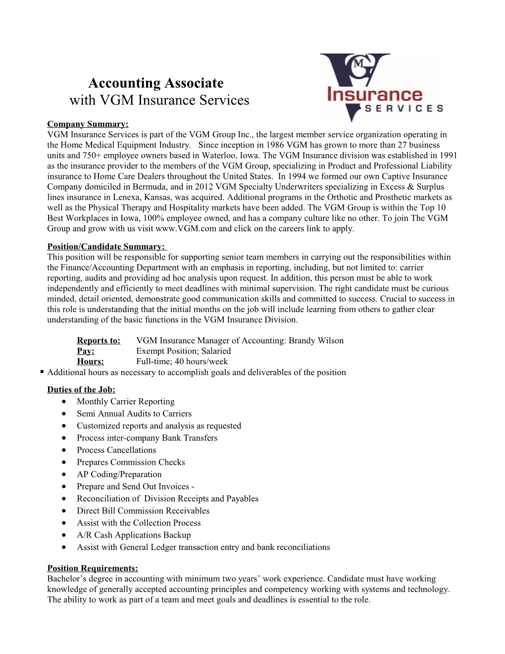Job Description VGM Insurance Accountant