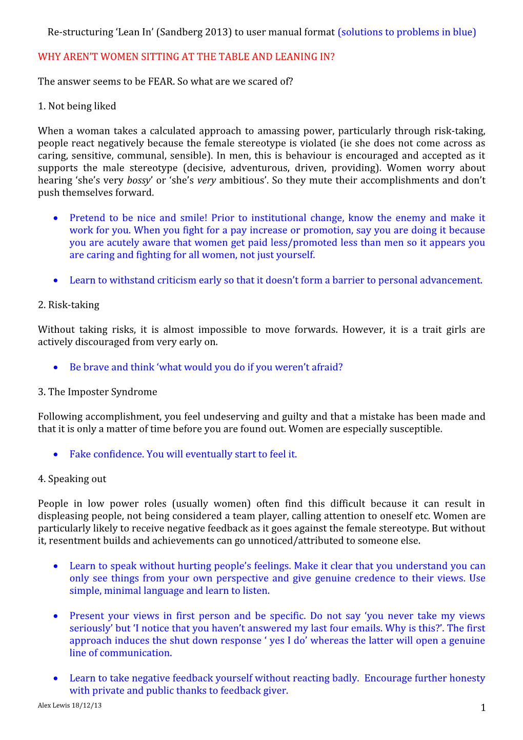 Re-Structuring Lean in (Sandberg 2013) to User Manual Format(Solutions to Problems in Blue)