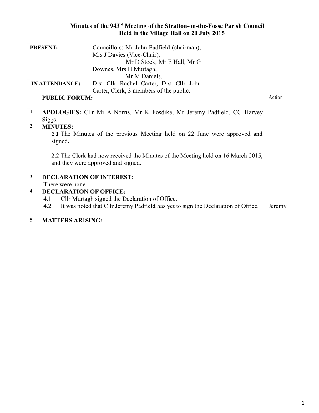 Minutes of the 943Rd Meeting of the Stratton-On-The-Fosse Parish Council