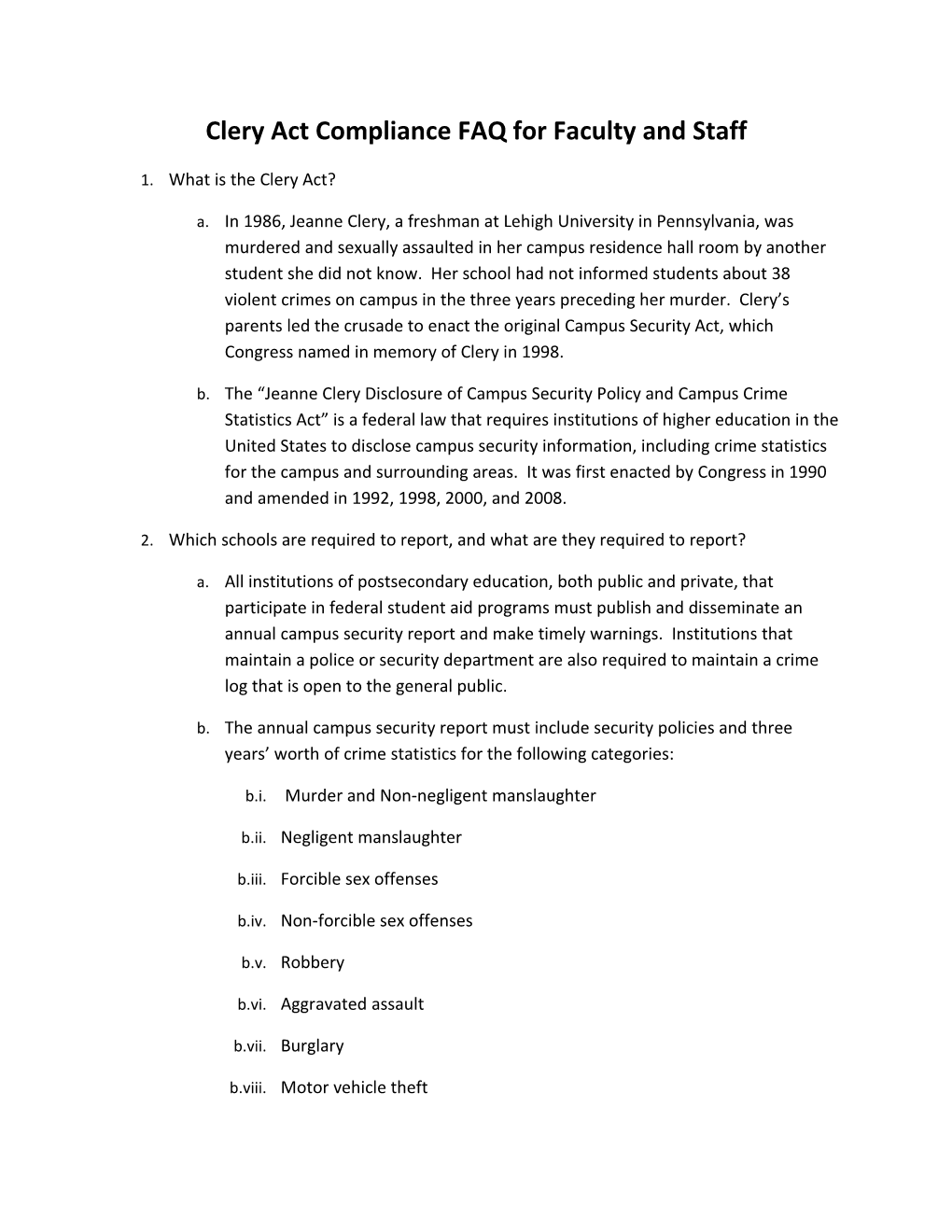 Clery Act Compliance FAQ for Faculty and Staff