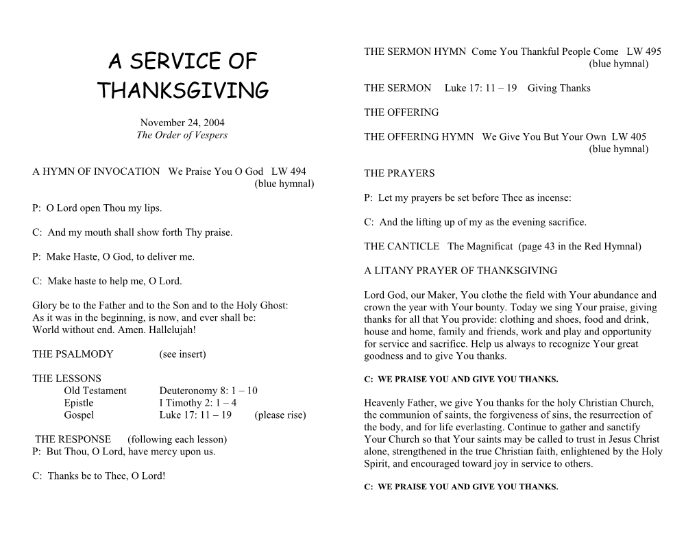 A Service of Thanksgiving