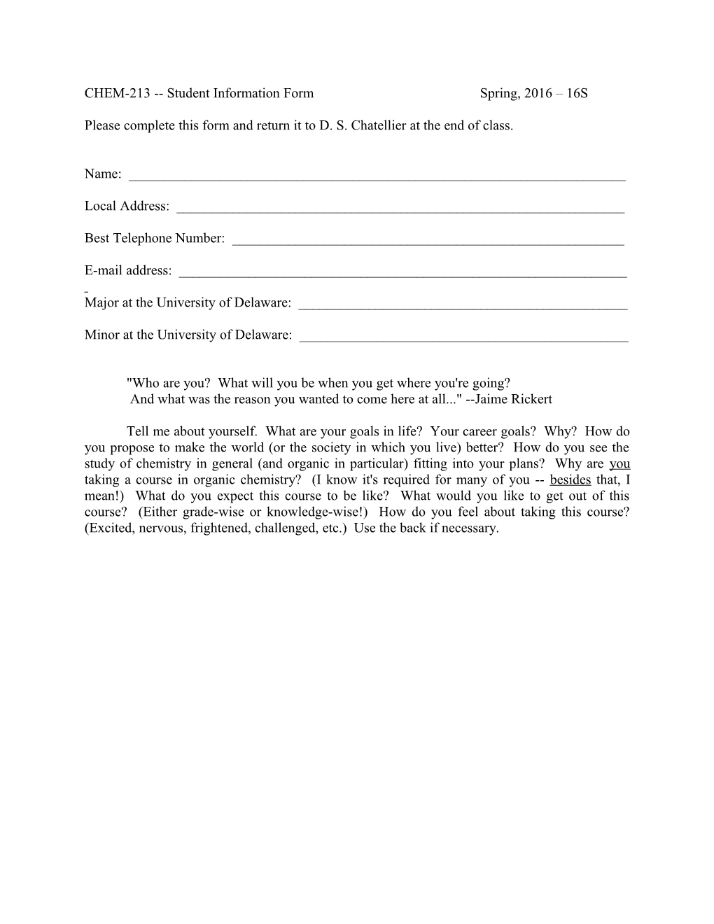 CHEM-213 Student Information Form