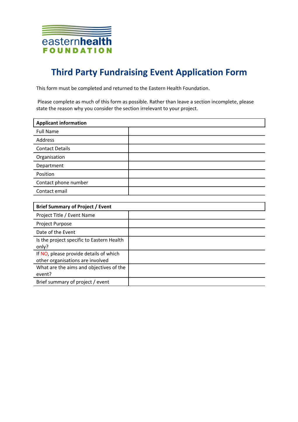 This Form Must Be Completed and Returned to the Eastern Health Foundation
