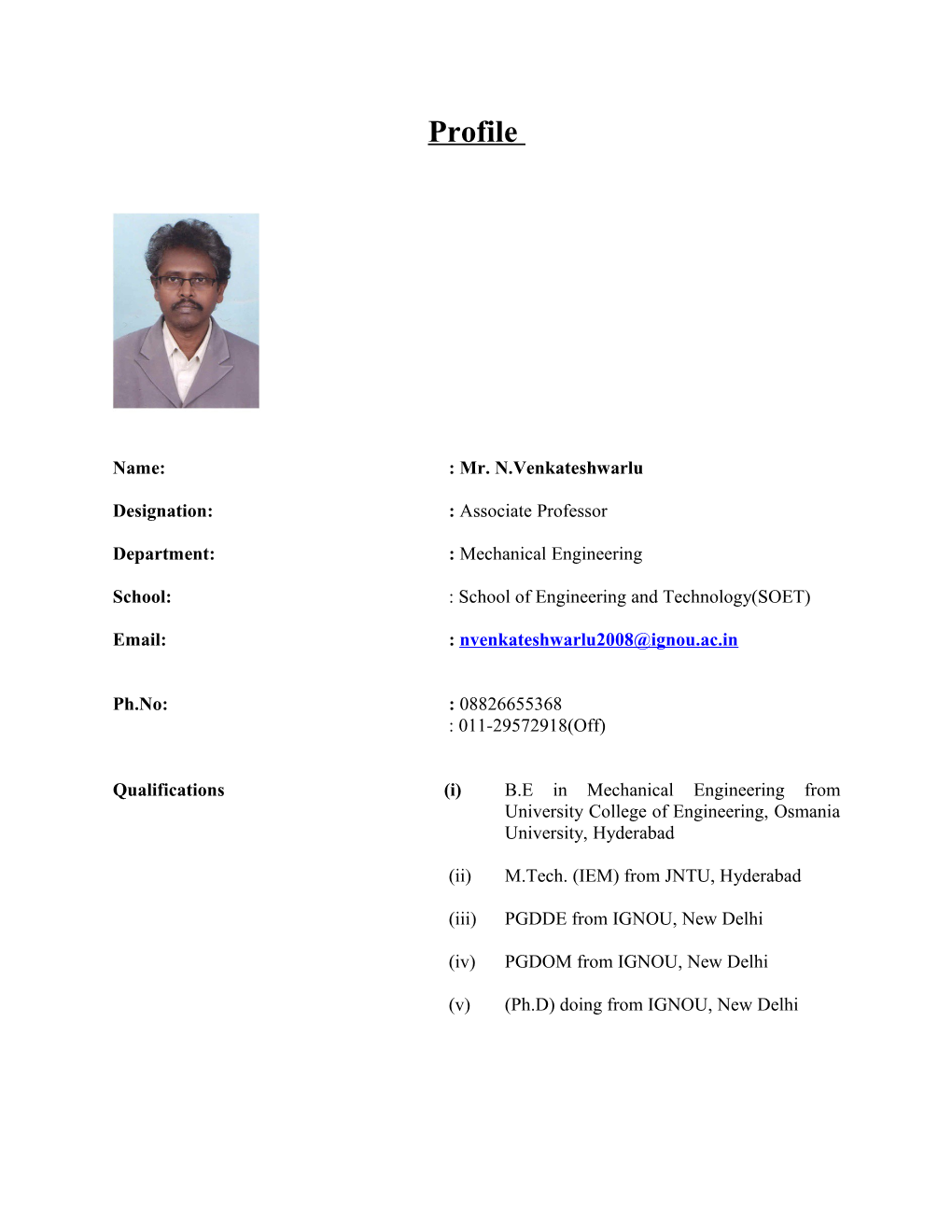 Name Mr. N.Venkateshwarlu
